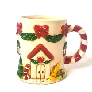 Vintage Ceramic Christmas Holiday Cottage House MugCup RedWhiteGreen Coffee